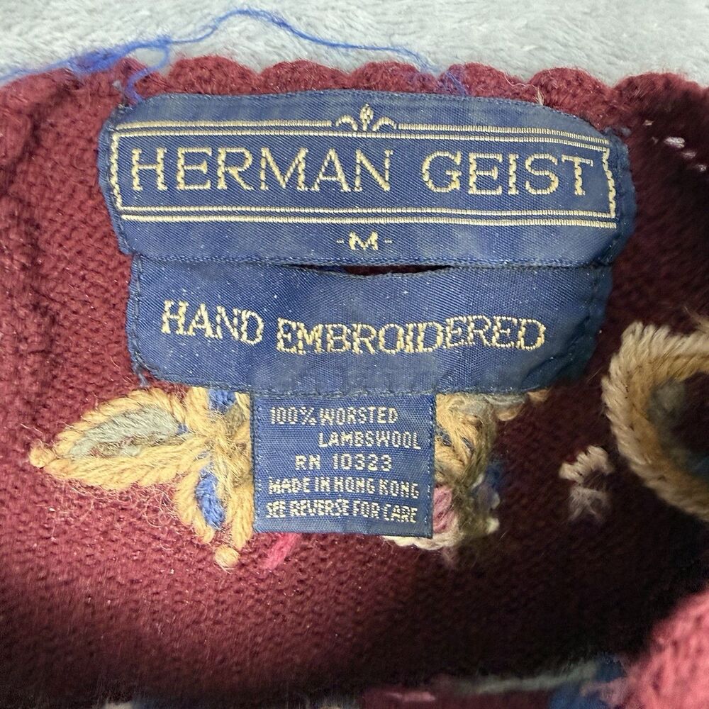 Herman Geist Womens Medium Lambswool Sweater Burgundy Hand Embroidered - Picture 2 of 8